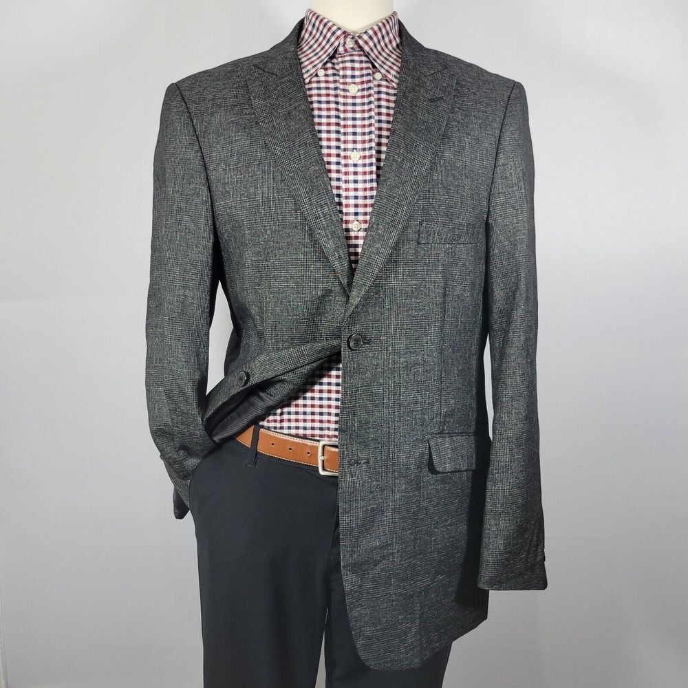 Stacy‎ Adams Men's Sport Coat Blazer Two Button Charcoal Black Gray Plaid 44L